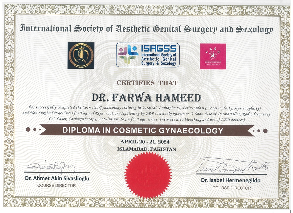 Cosmetic Diploma - Professional Medical Qualification of Dr. Farwa Hameed